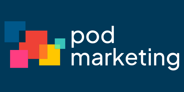 POD Marketing logo featuring overlapping colourful squares in blue, red, pink, orange, yellow, and teal, with the company name in lowercase white text on a dark blue background.