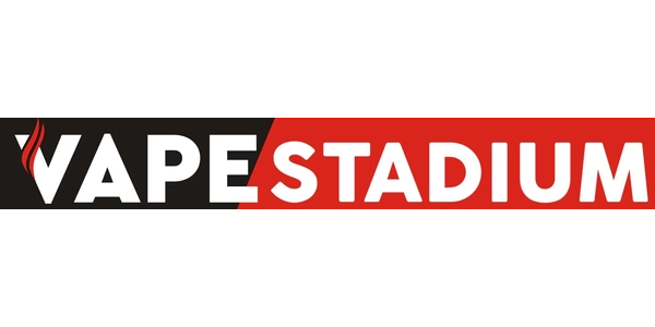 Logo for Vape Stadium featuring bold white text on a black and red split background, with a flame design incorporated into the letter "V" to emphasize the vaping theme.